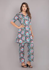 Turquoise Floral Printed Pure Cotton Co-ord Set