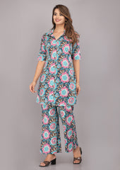 Turquoise Floral Printed Pure Cotton Co-ord Set