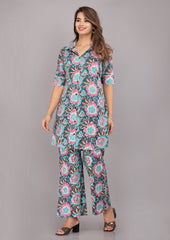 side view of cotton block print co-ord set for women