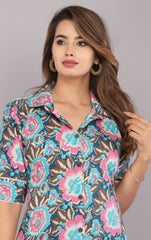 Turquoise Floral Printed Pure Cotton Co-ord Set