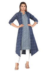 Ethnic Motif Block Printed Pure Cotton Indigo Kurta And Shrug Set