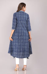 Ethnic Motif Block Printed Pure Cotton Indigo Kurta And Shrug Set