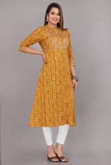 Mustard Print Pure Cotton A-Line Kurta