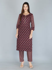 Maroon Abstract Block Printed Pure Cotton Kurta and Pant Set