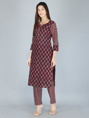 Maroon Abstract Block Printed Pure Cotton Kurta and Pant Set