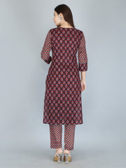 Maroon Abstract Block Printed Pure Cotton Kurta and Pant Set