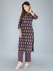 Blue Abstract Block Printed Pure Cotton Kurta and Pant Set