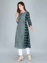 Bottle Green Ethnic Motif Printed Pure Cotton A-Line Kurta
