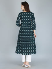Bottle Green Ethnic Motif Printed Pure Cotton A-Line Kurta