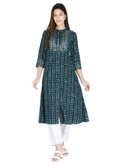 Bottle Green Print Pure Cotton A-Line Kurta