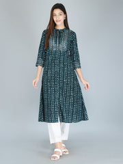 Bottle Green Print Pure Cotton A-Line Kurta
