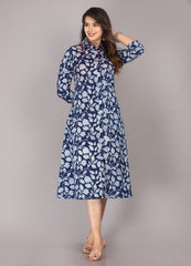 Blue Floral Print Pure Cotton Embroidered Kurta