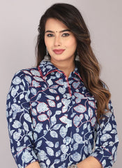 Blue Floral Print Pure Cotton Embroidered Kurta