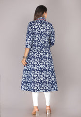 Blue Floral Print Pure Cotton Embroidered Kurta