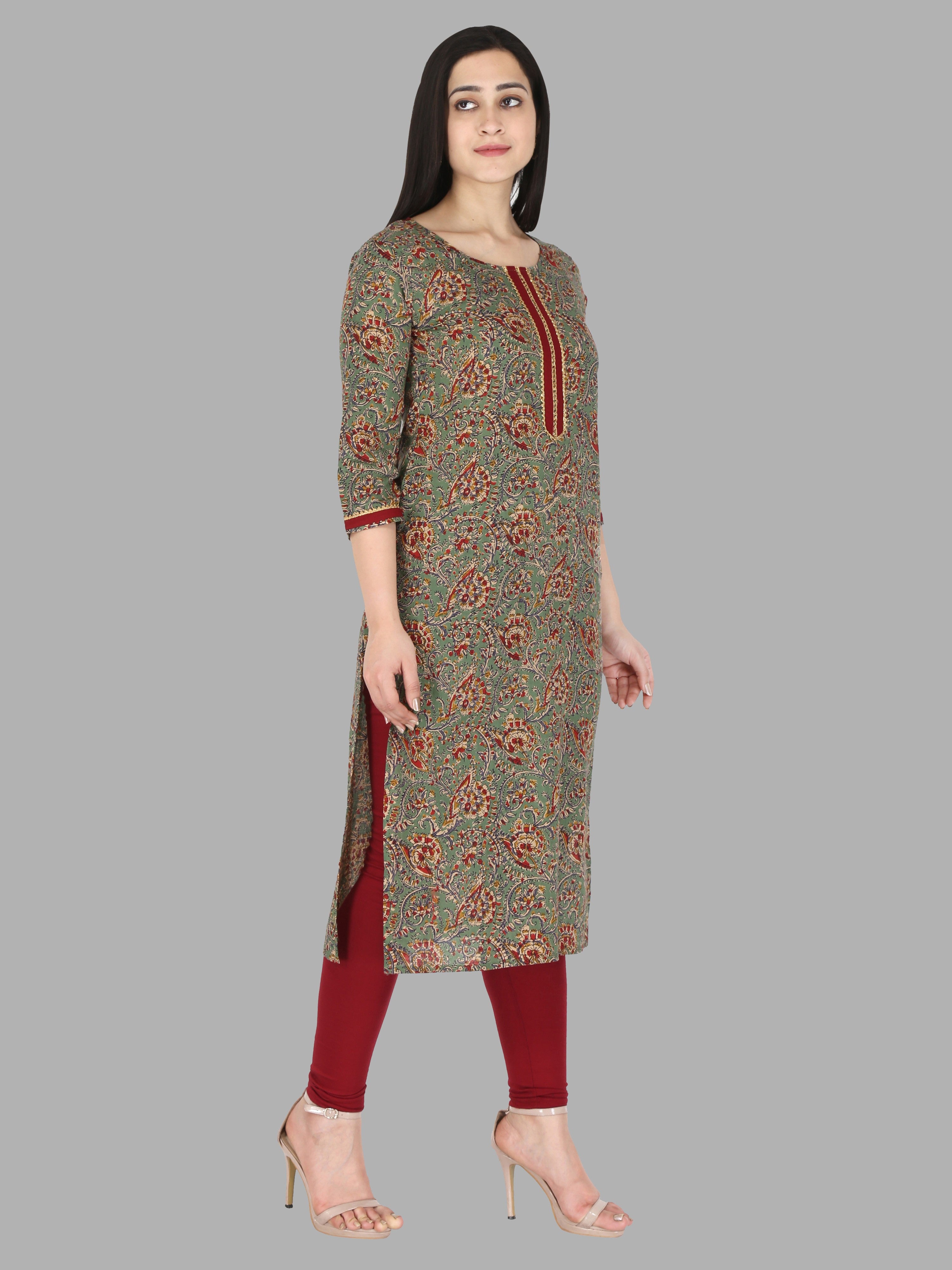 side view of Green cotton block print kurti for women
