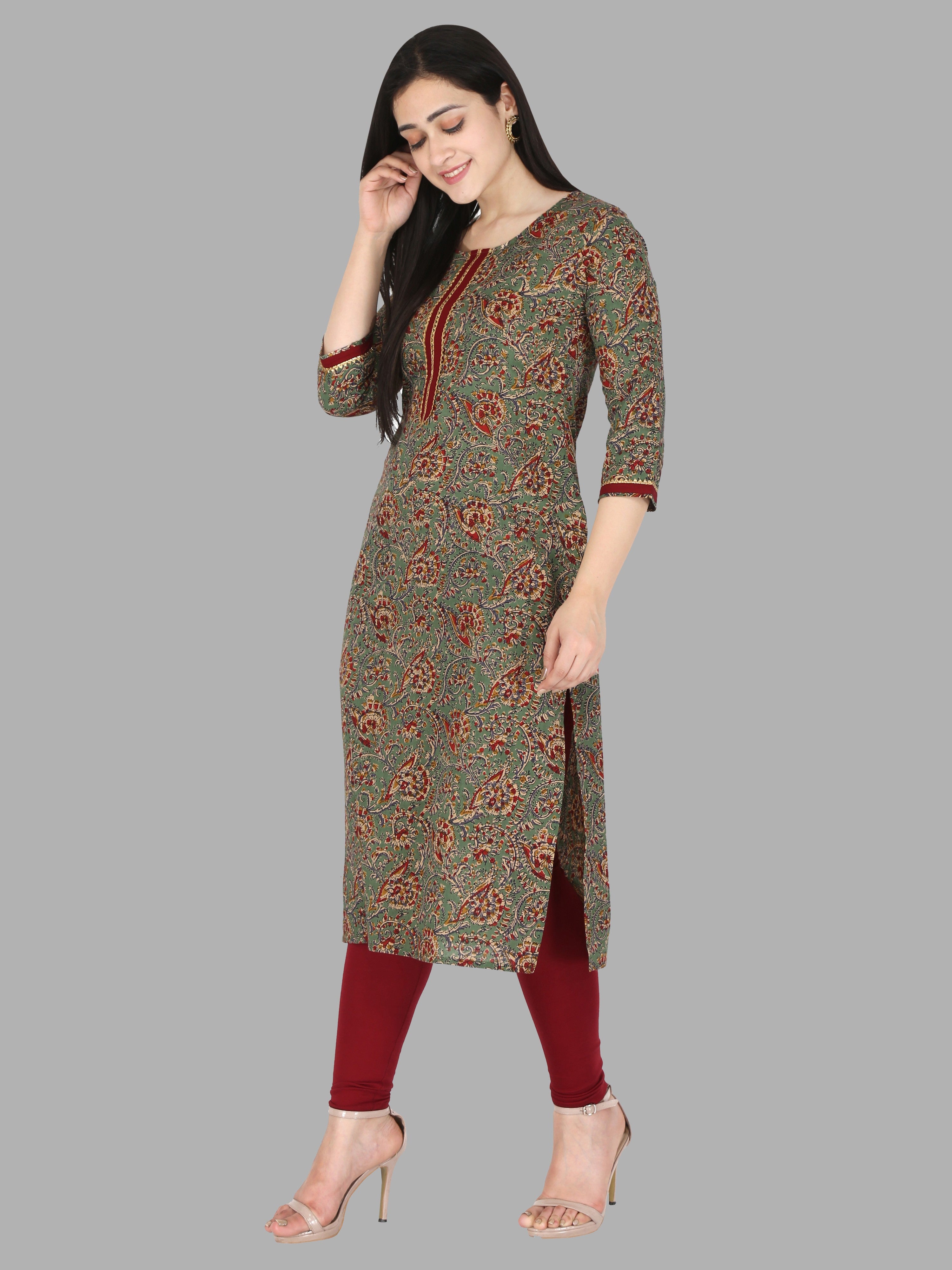side view of Green cotton block print kurti for women
