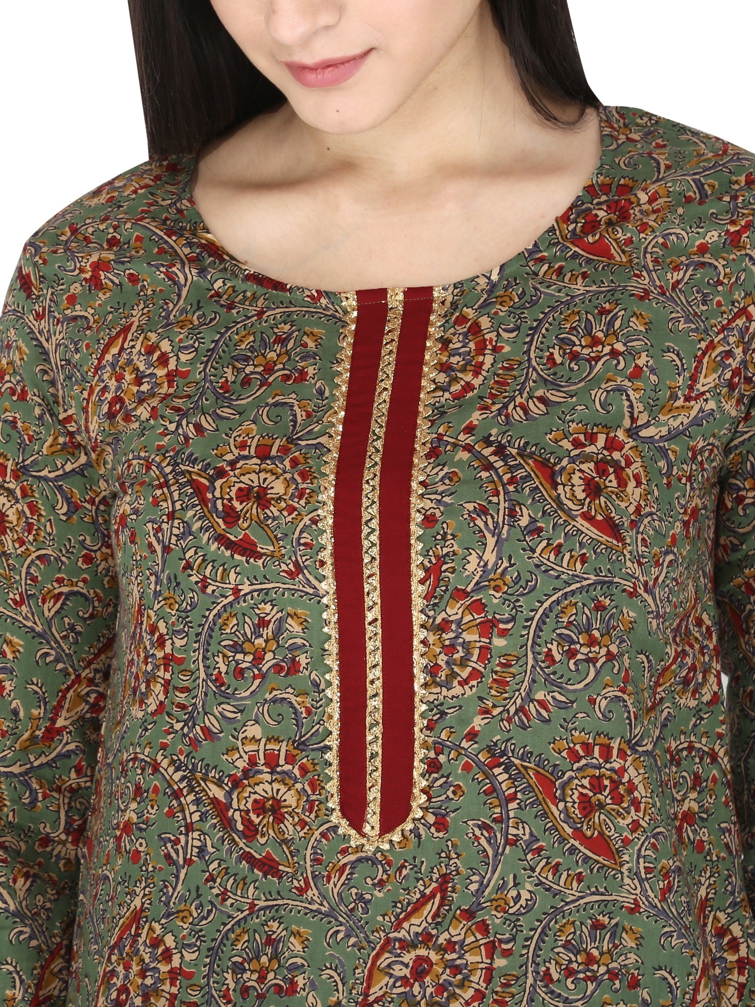 close-up of traditional Jaipuri block print on cotton kurti
