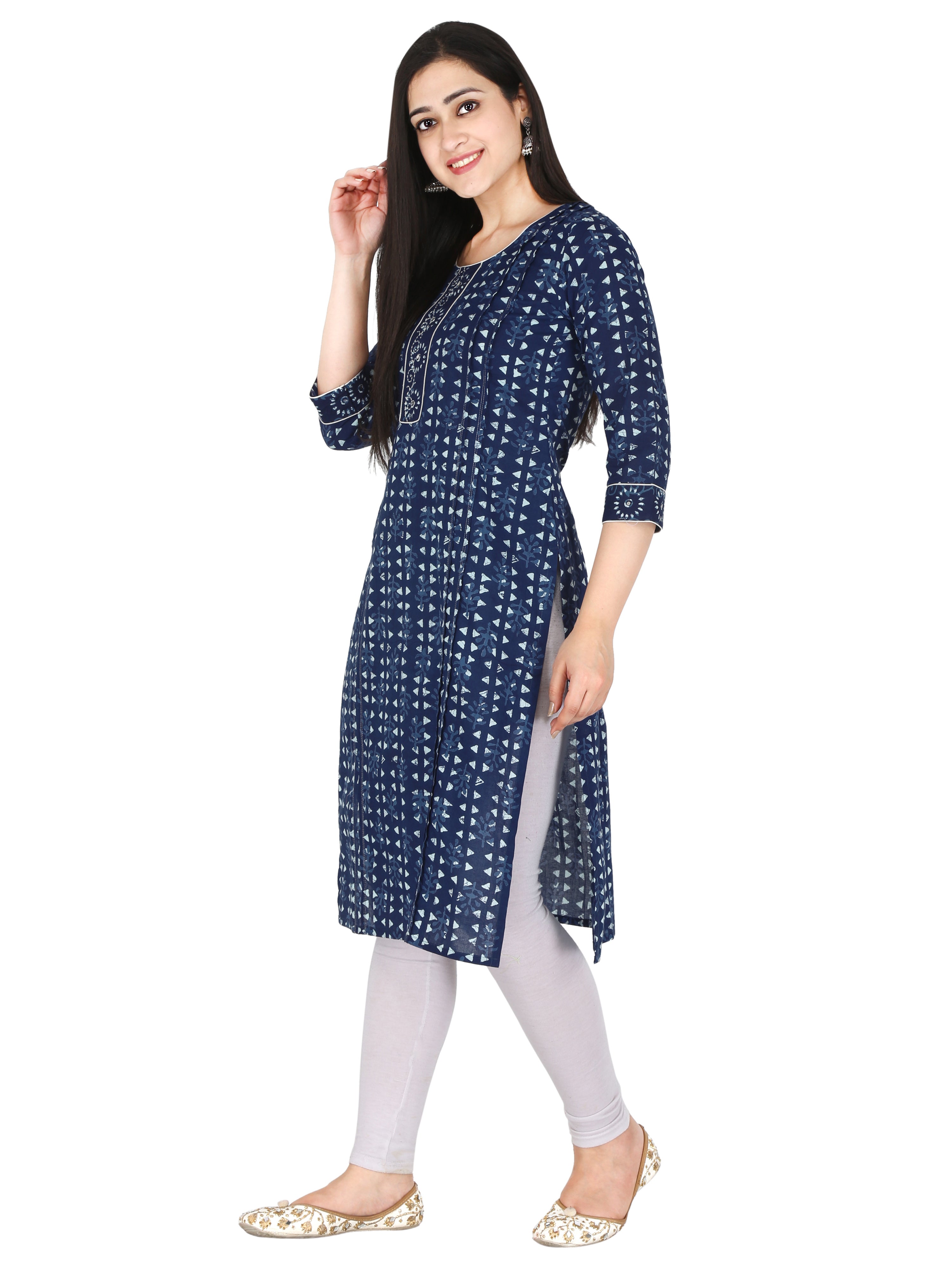 Indigo Blue Geometric Printed Pure Cotton Straight Kurta