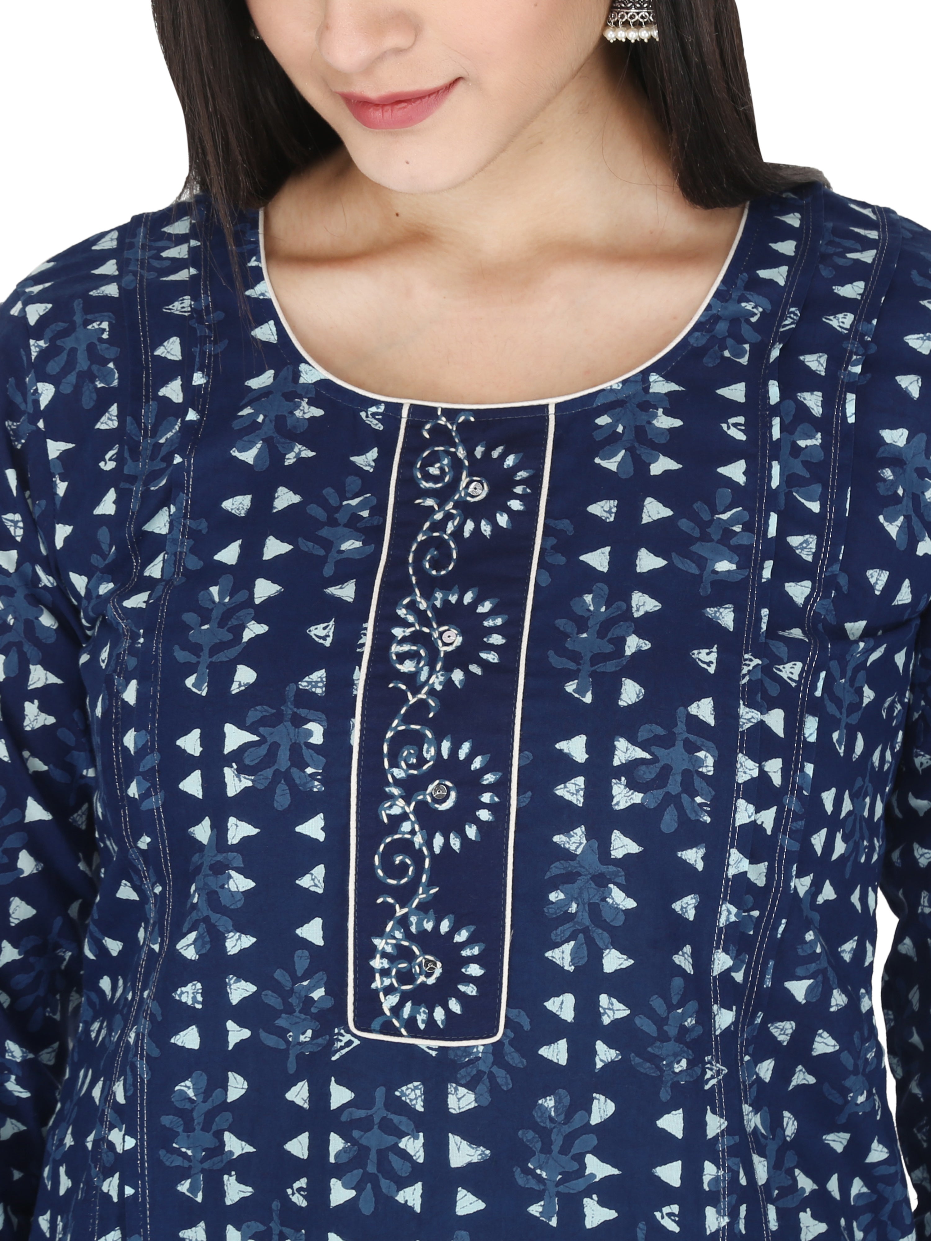 Indigo Blue Geometric Printed Pure Cotton Straight Kurta