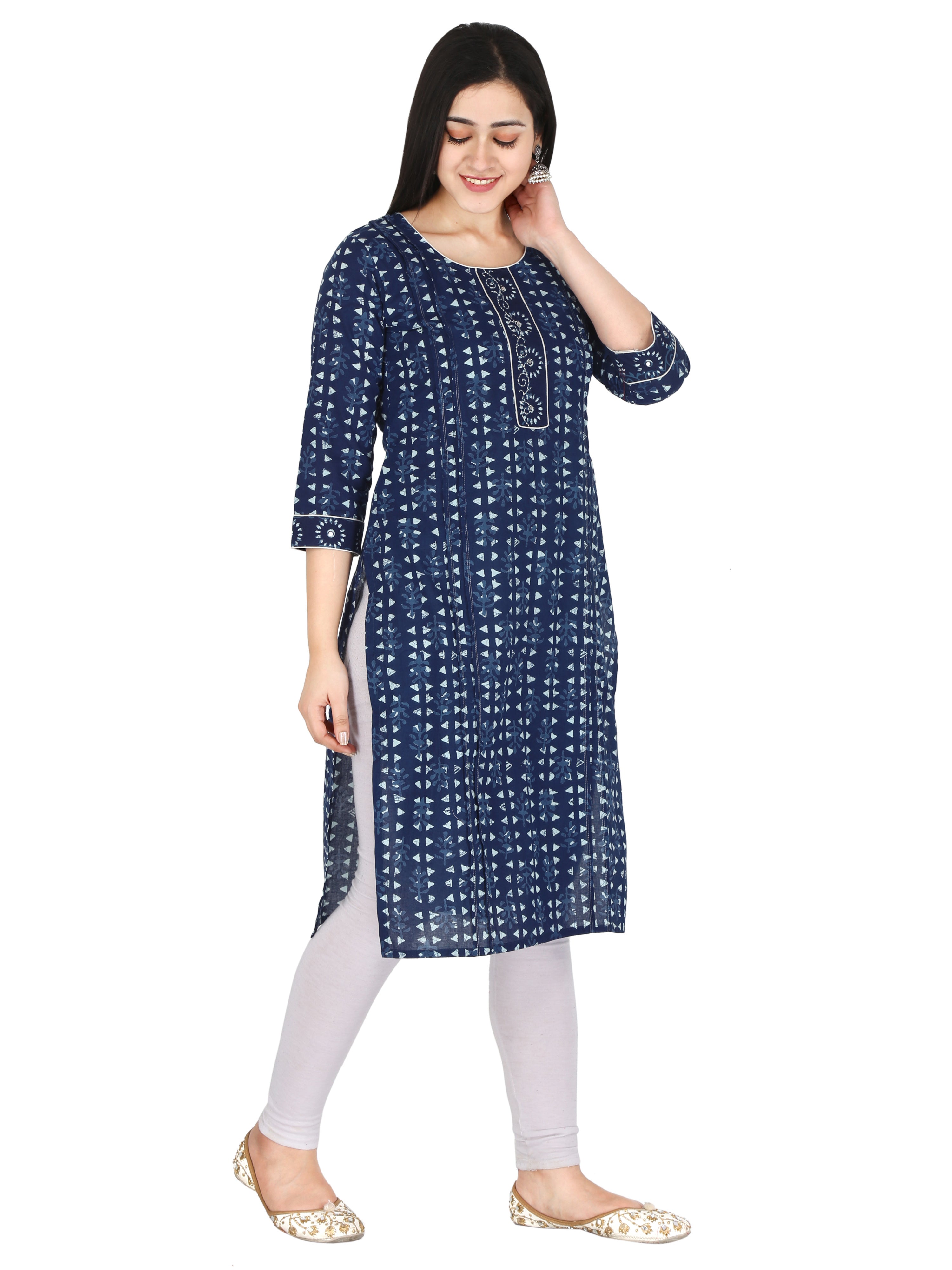 Indigo Blue Geometric Printed Pure Cotton Straight Kurta