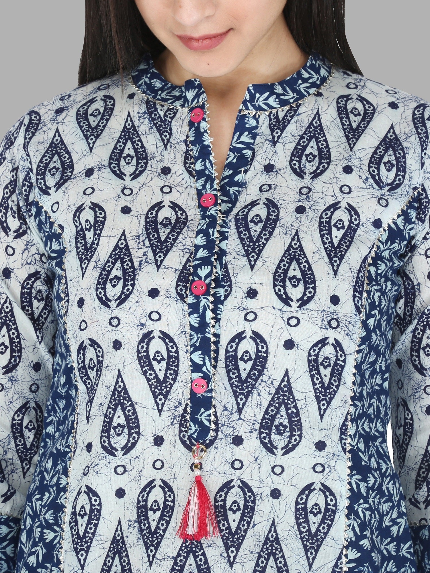 close-up of traditional Jaipuri block print on cotton kurti