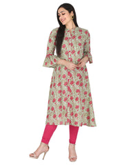 Light green and Pink Jaipuri Floral Printed Pure Cotton A-Line Kurta