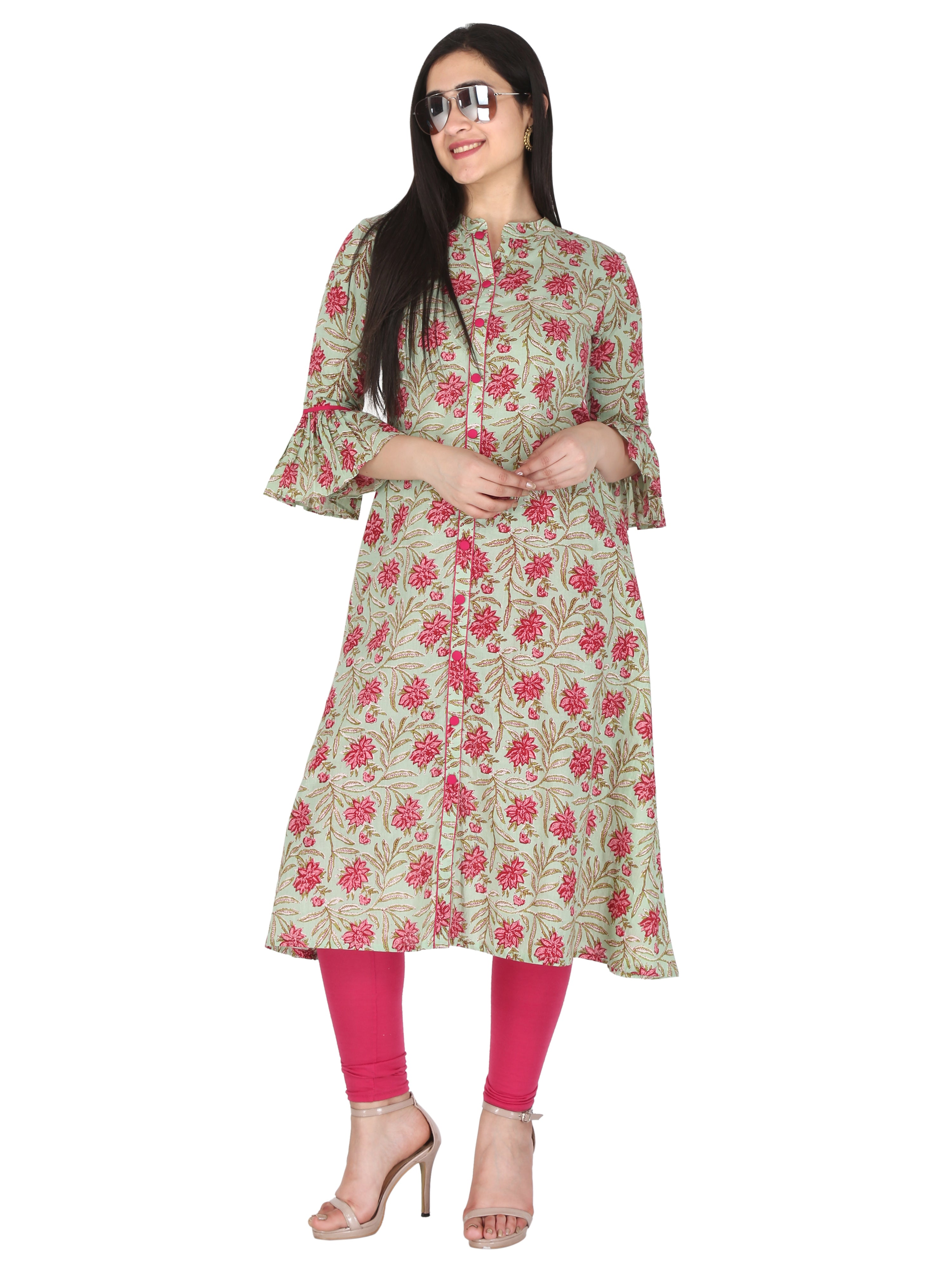 Light green and Pink Jaipuri Floral Printed Pure Cotton A-Line Kurta