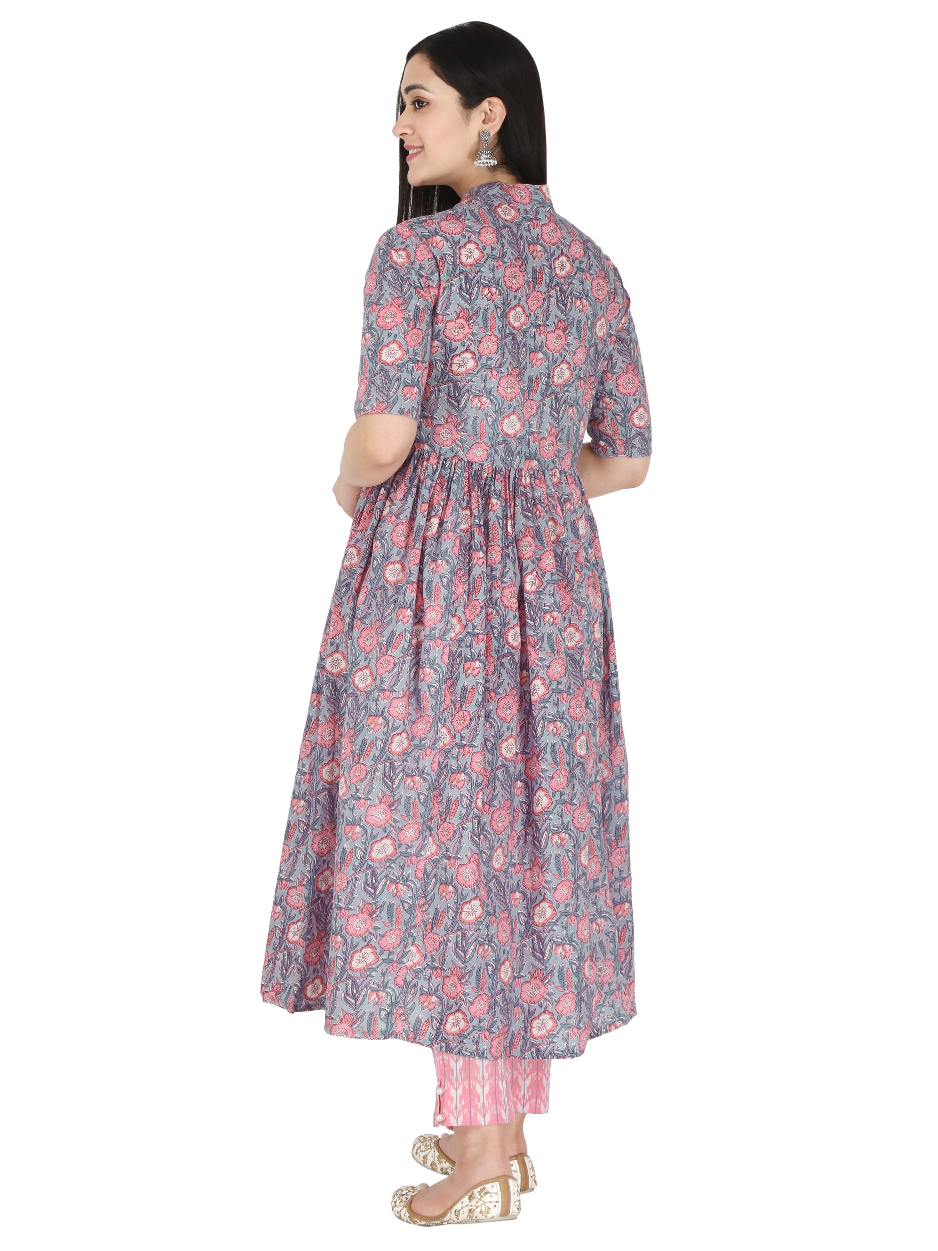 Floral Block Printed Pink And Grey Pure Cotton Anarakali Flared Kurta And Trouser Set