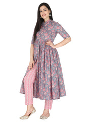 Floral Block Printed Pink And Grey Pure Cotton Anarakali Flared Kurta And Trouser Set