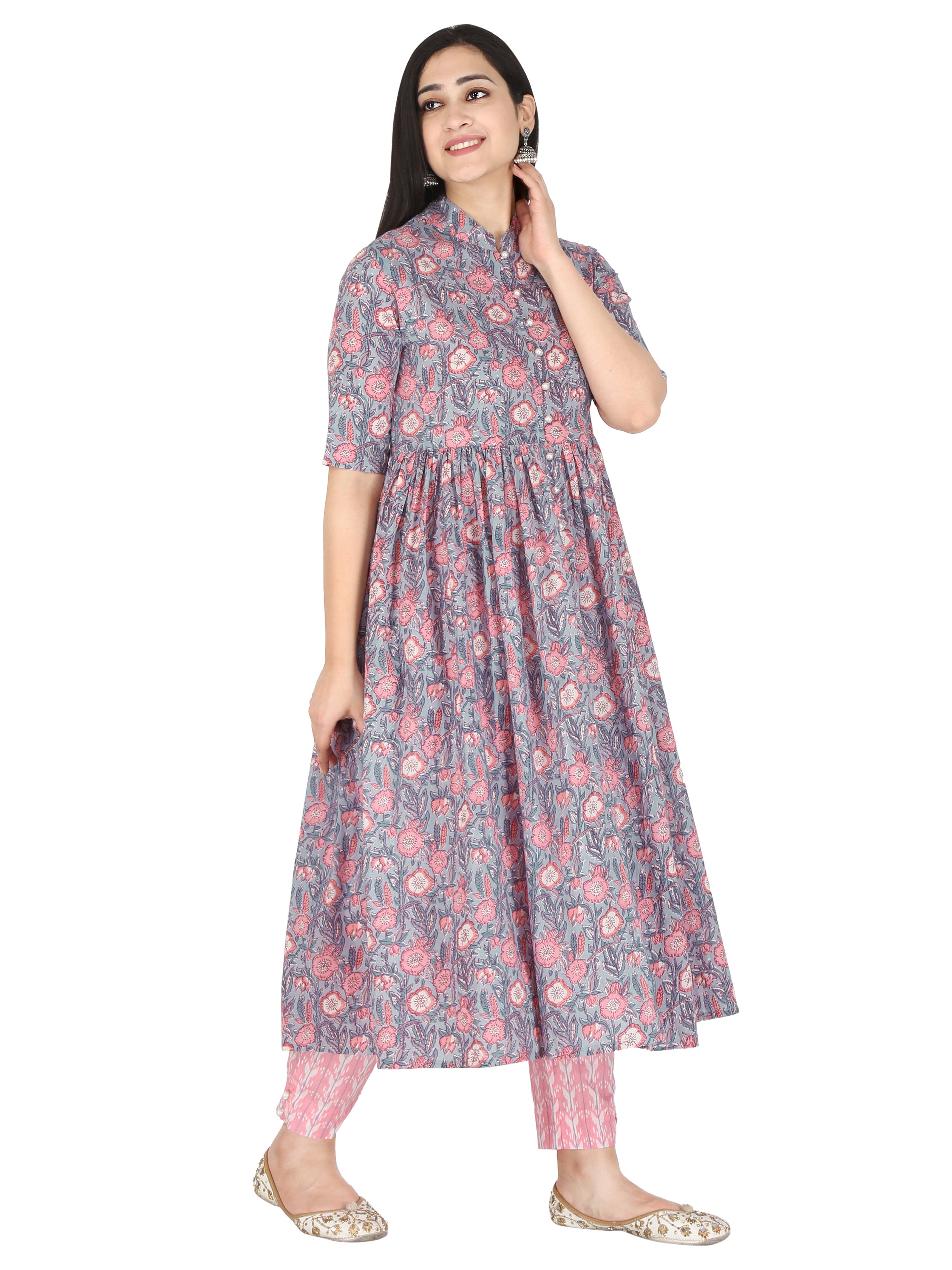 Floral Block Printed Pink And Grey Pure Cotton Anarakali Flared Kurta And Trouser Set