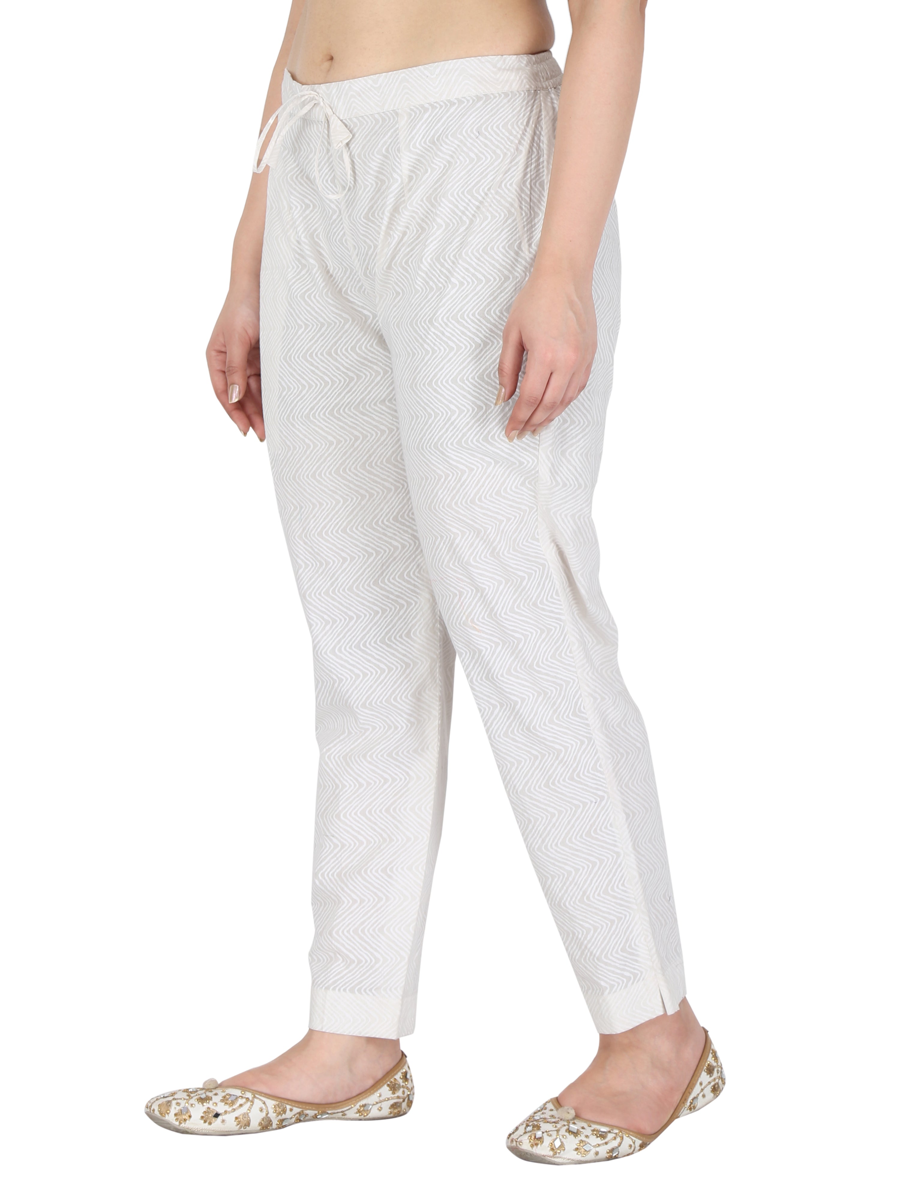 White Self Printed Pure Cotton Pants