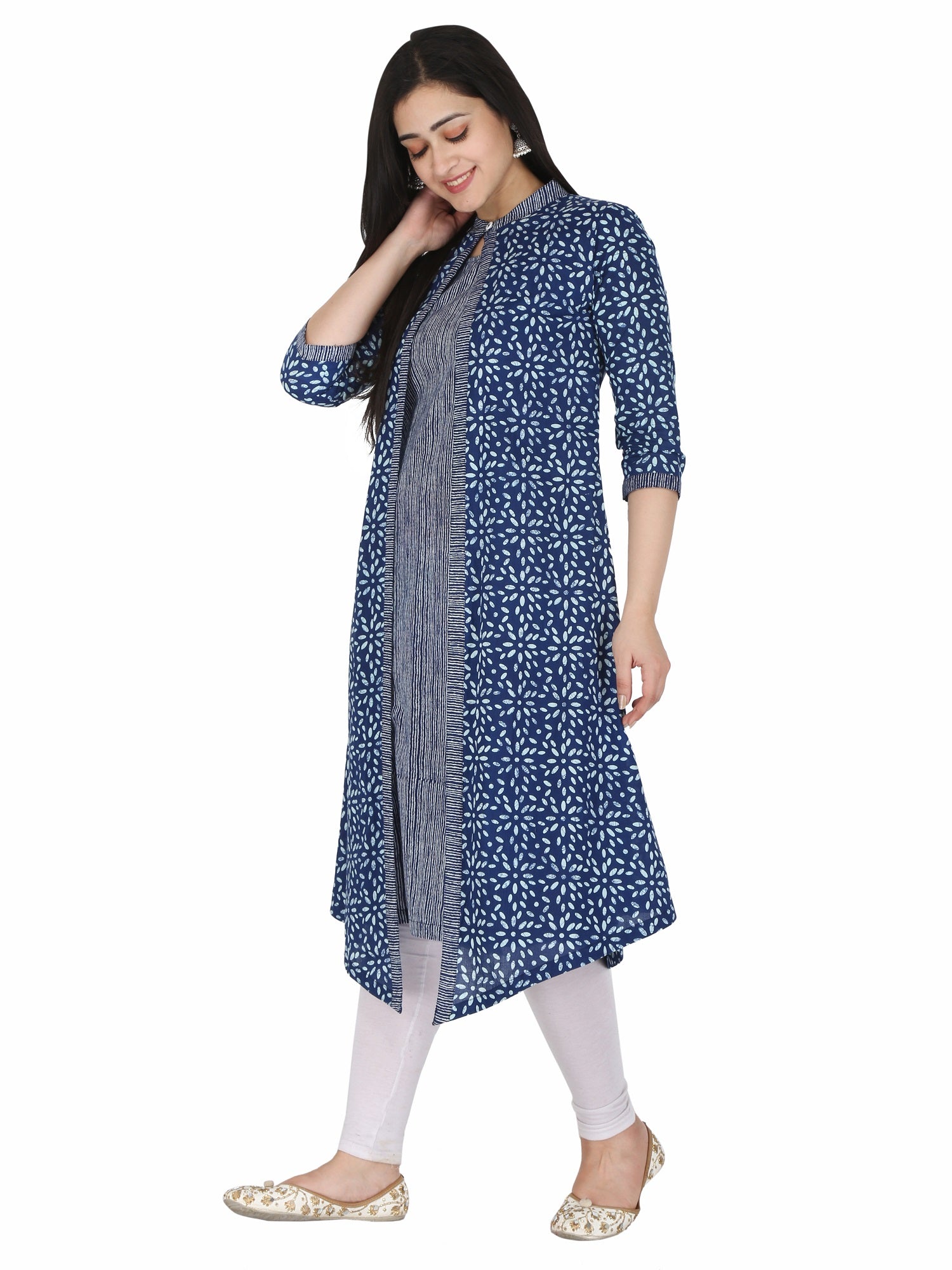 side view of cotton block print kurta with shrug
