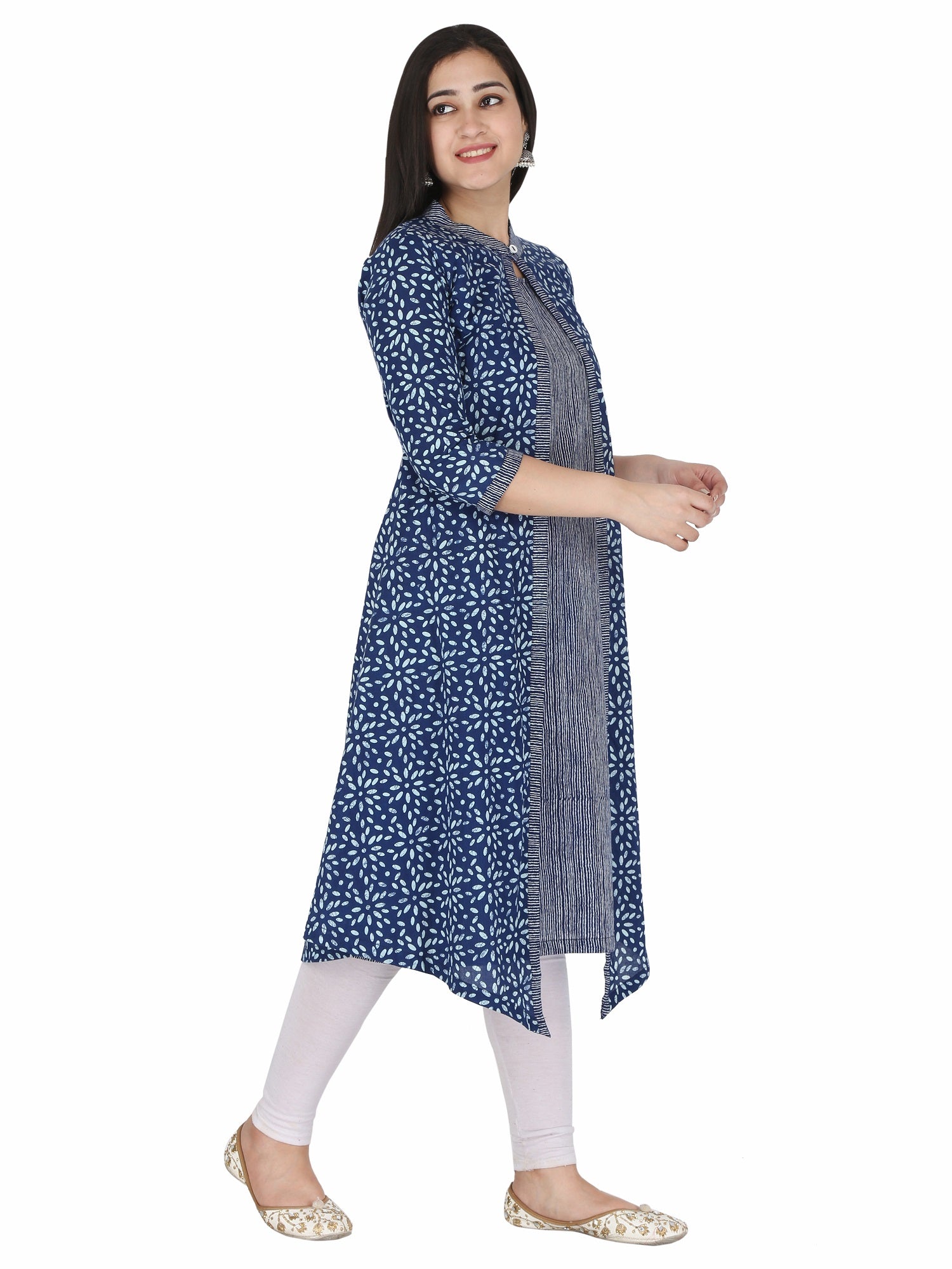 side view of cotton block print kurta with shrug