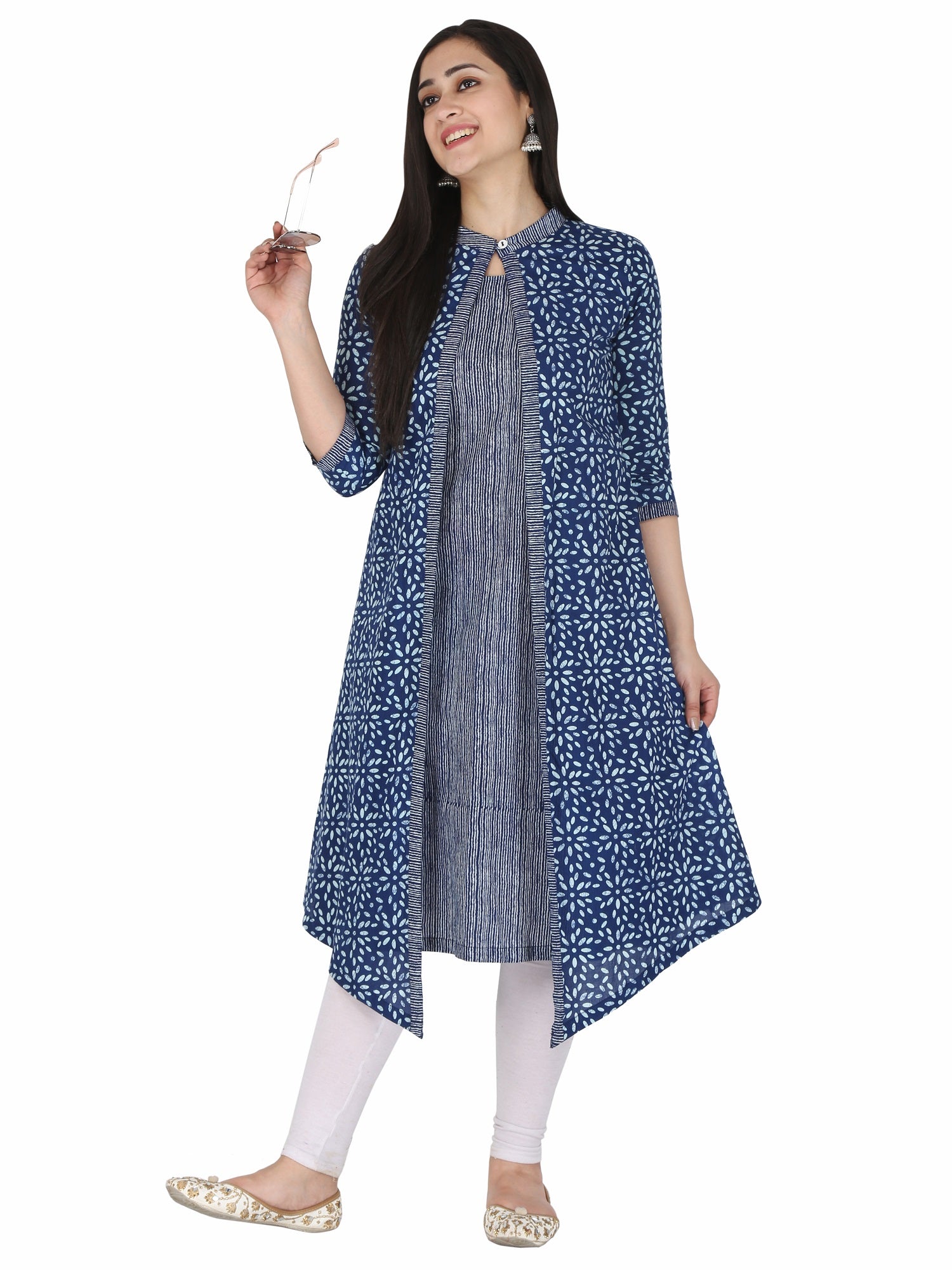 handcrafted Jaipuri block print detail on cotton kurta with shrug set