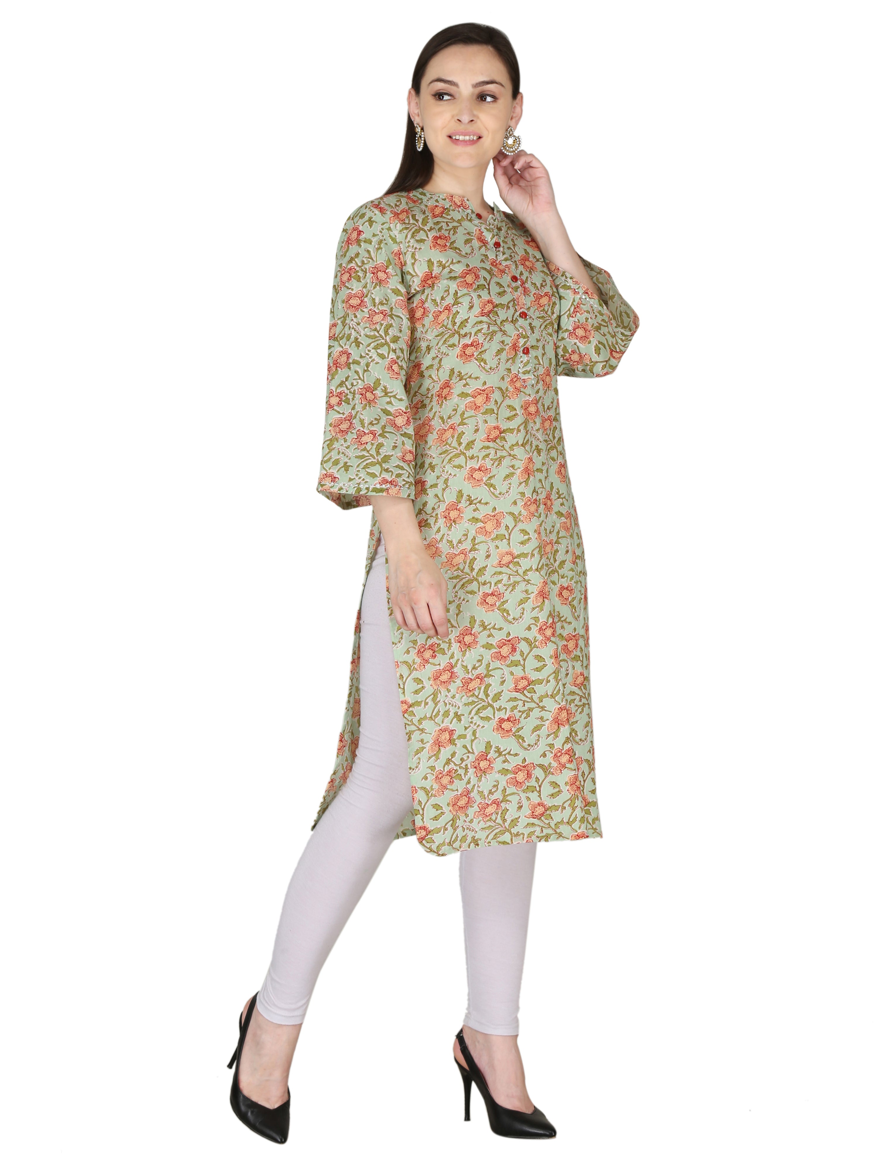 Lime Green Floral Printed Pure Cotton Kurta