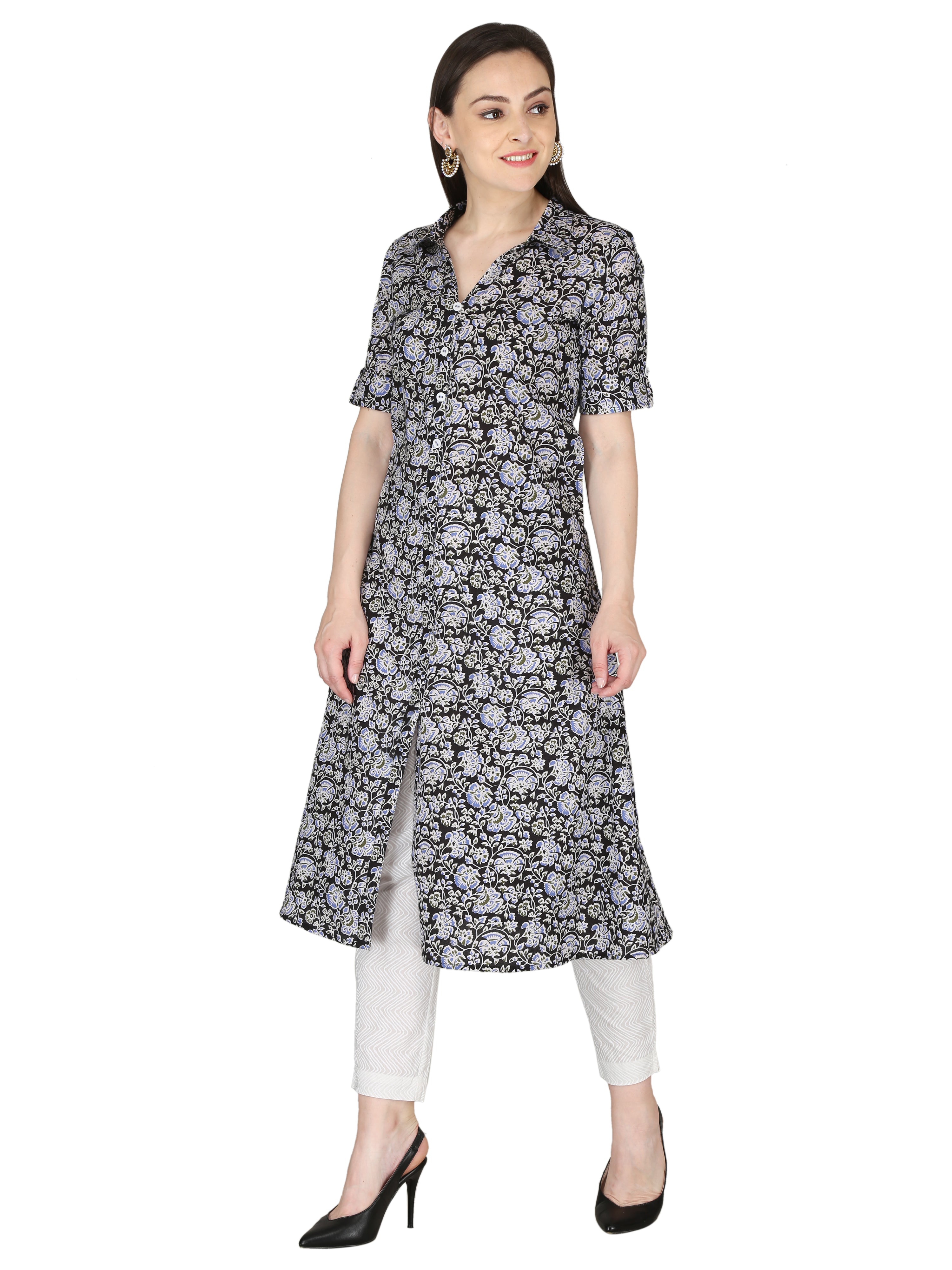 Black and White Floral Printed Pure Cotton A-Line Kurta