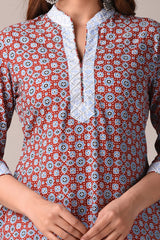 close-up of traditional Jaipuri block print on cotton kurti