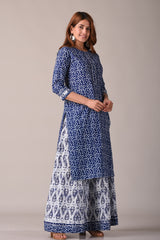 side view of cotton block print kurta with skirt