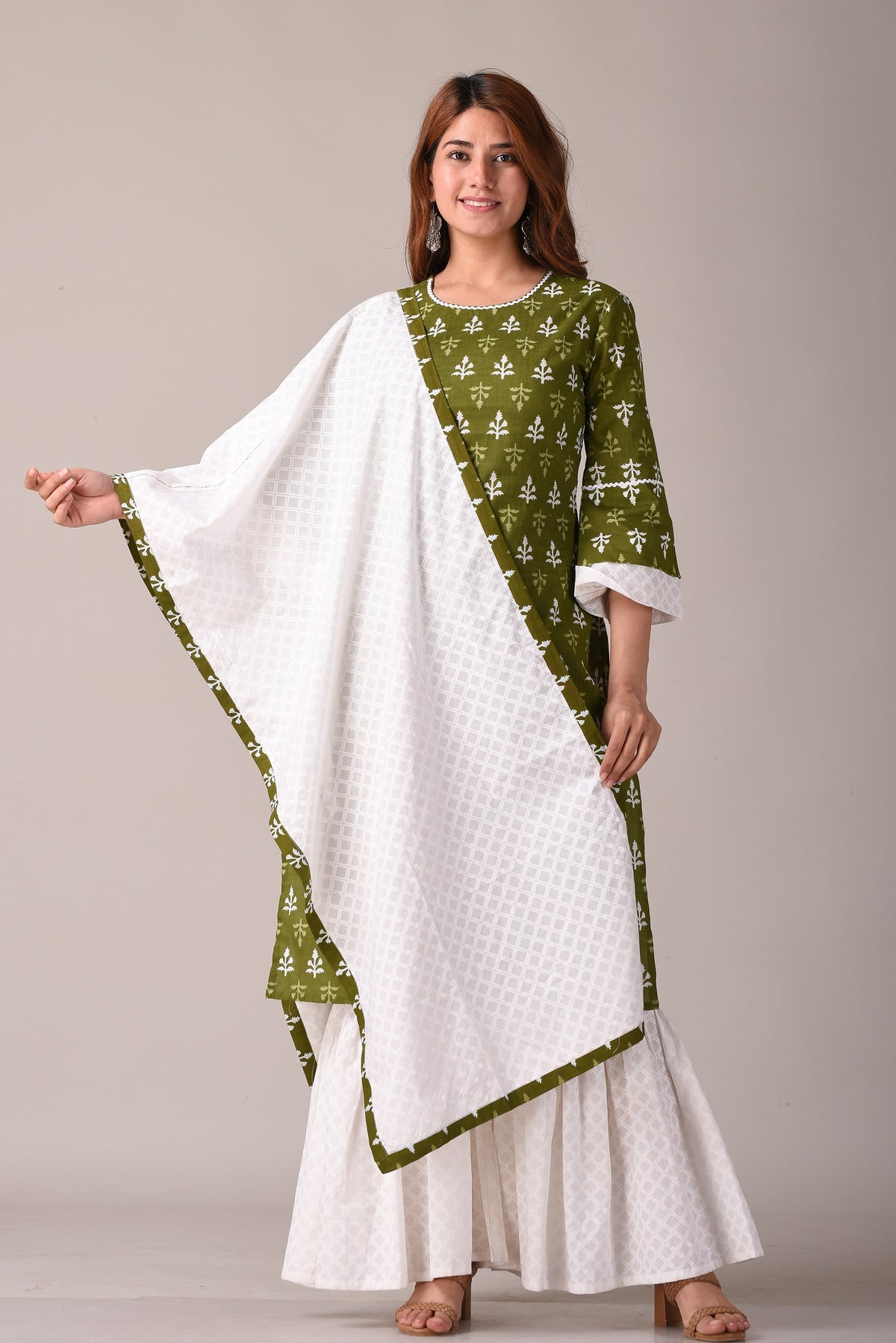 women’s Olive Green pure cotton Jaipuri block printed kurta set