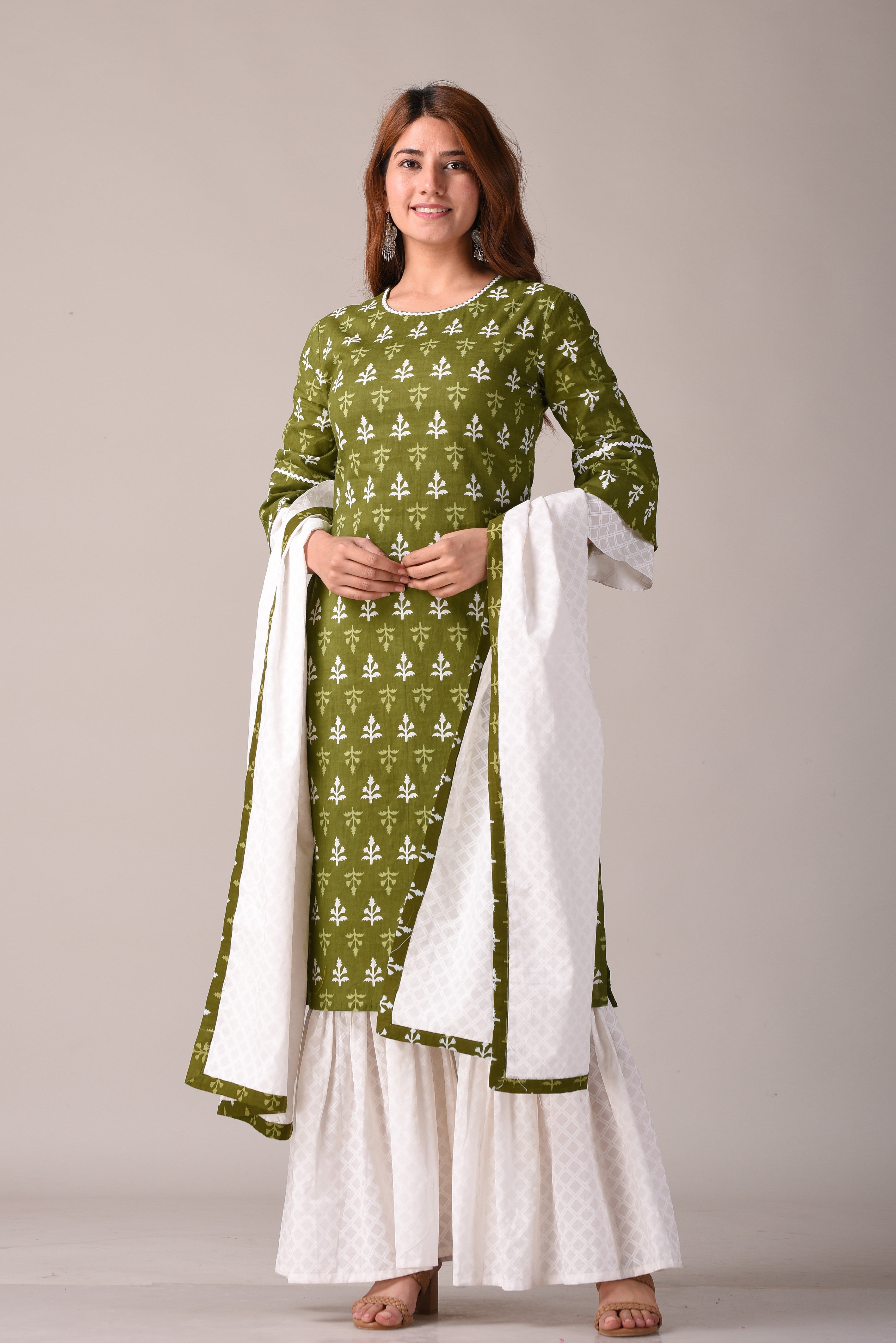 Pure Cotton Ethnic Motif Jaipuri Printed Green and White Kurta, Sharara And Dupatta Set