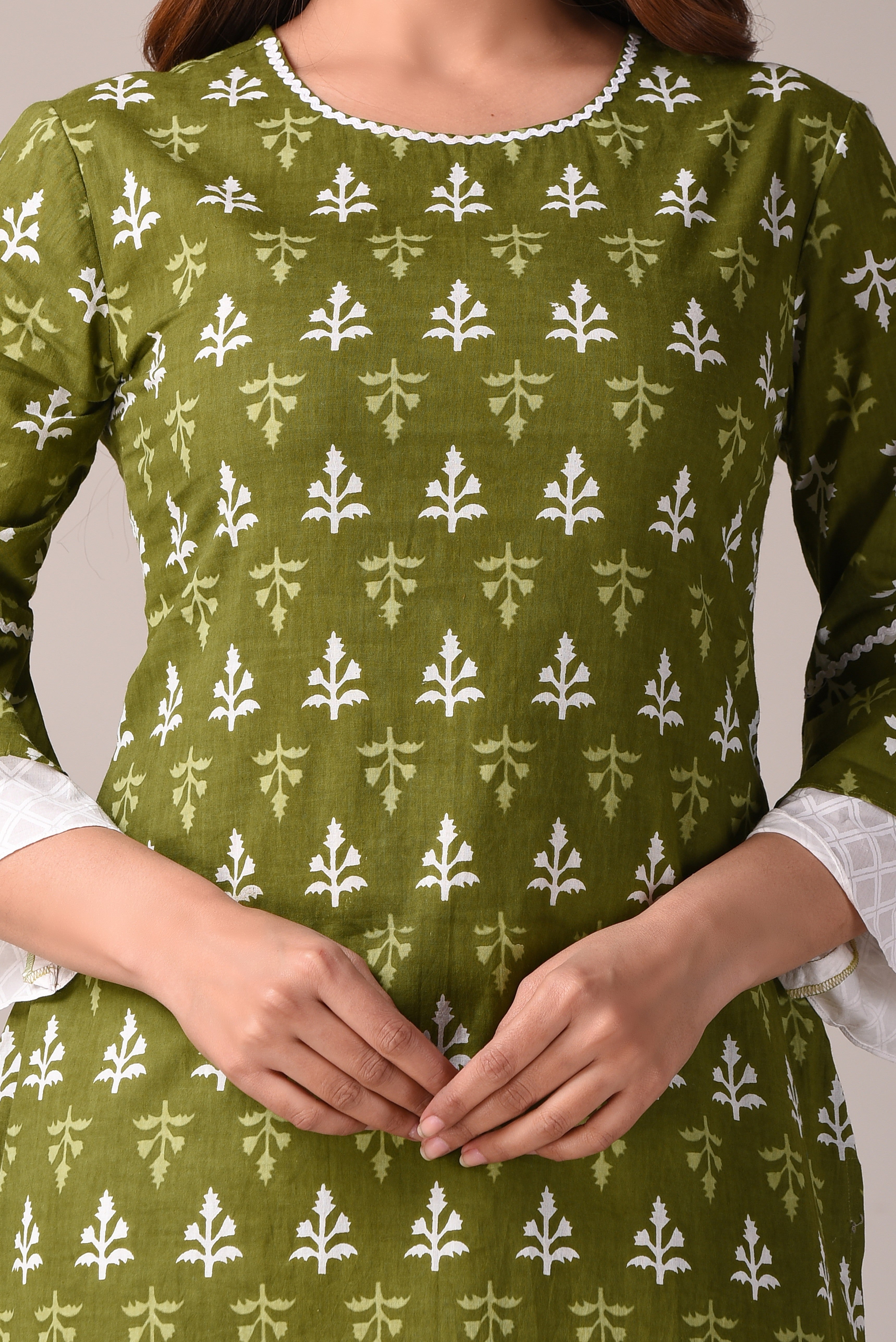 Pure Cotton Ethnic Motif Jaipuri Printed Green and White Kurta, Sharara And Dupatta Set
