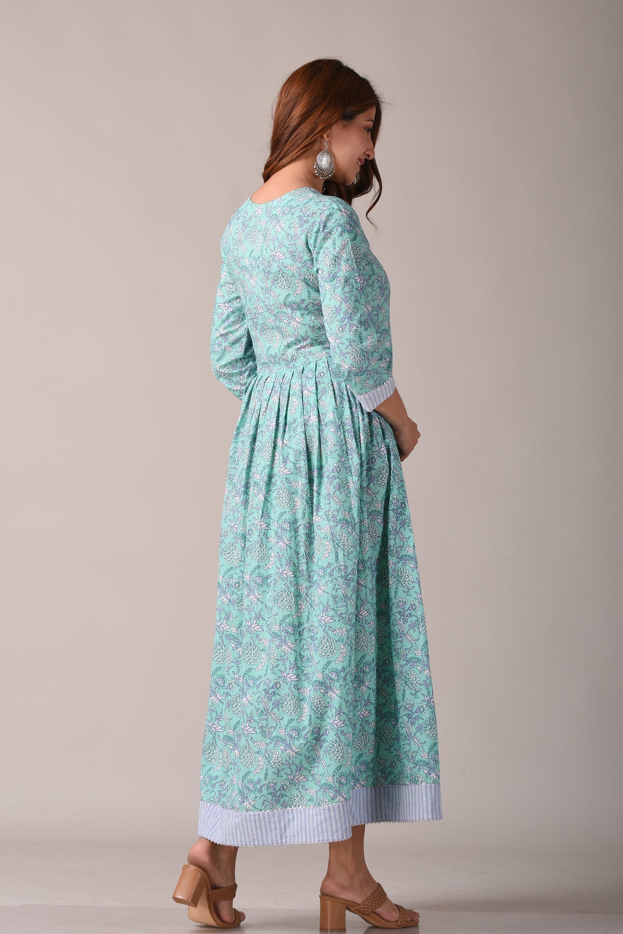Floral Aqua Green Block Printed Pure Cotton Maxi Dress