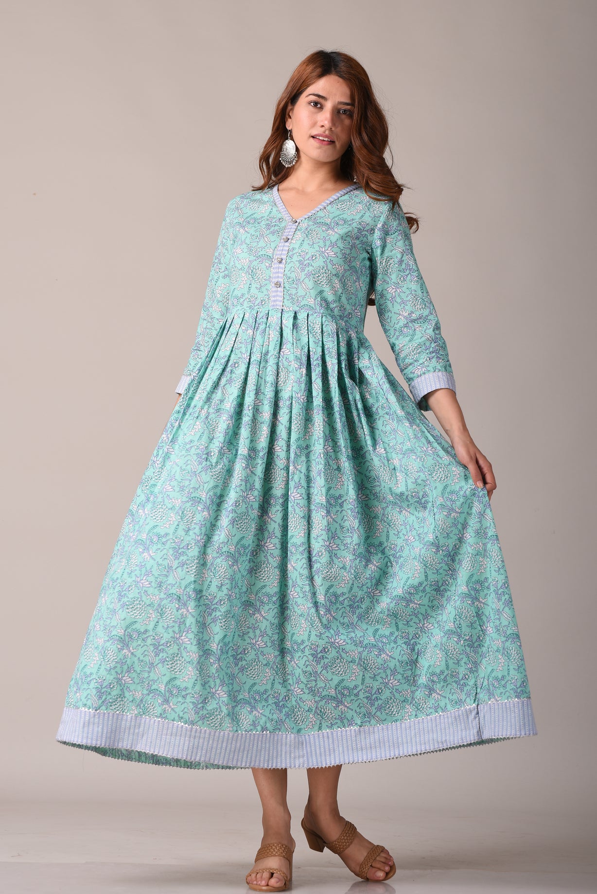 Floral Aqua Green Block Printed Pure Cotton Maxi Dress