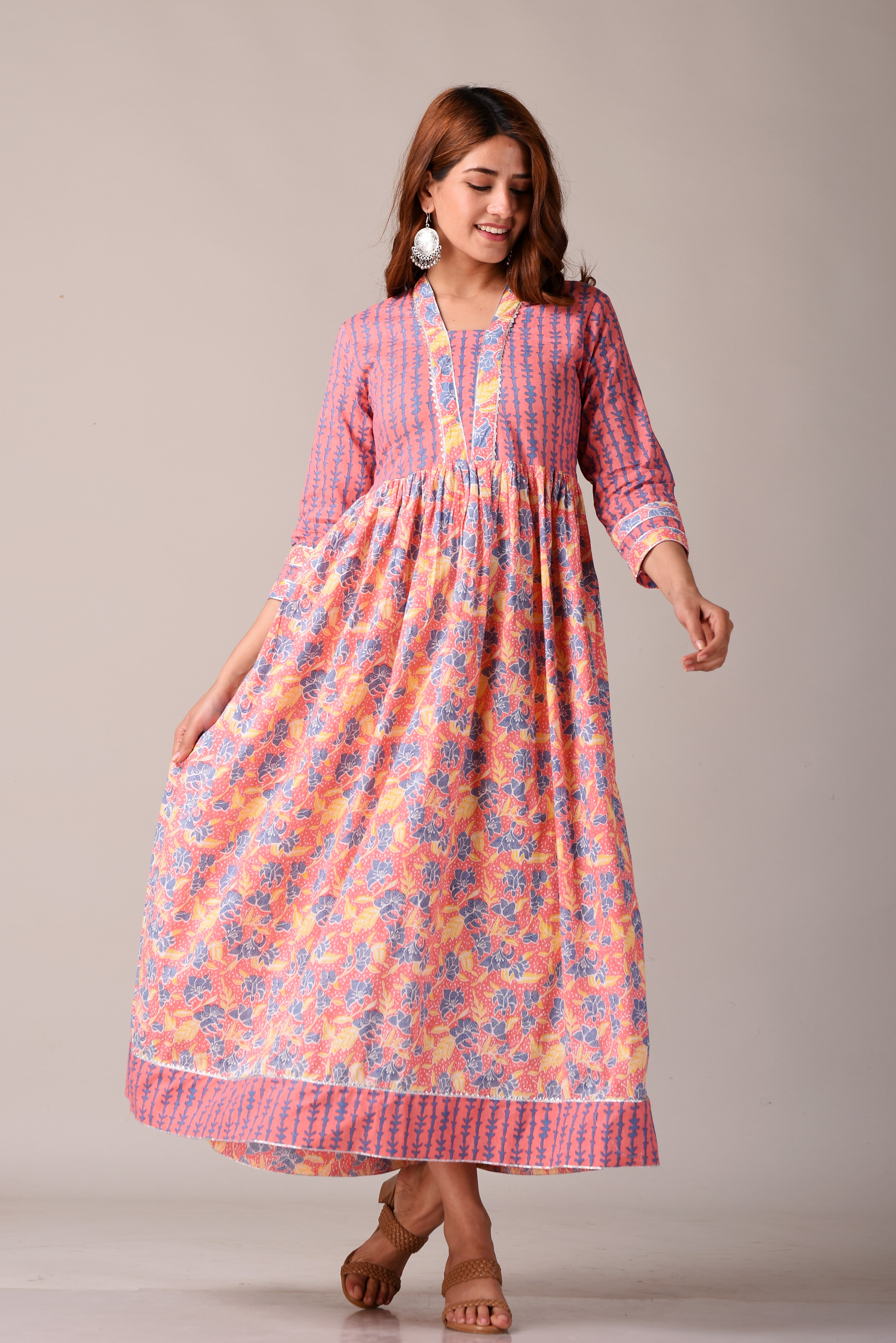 Floral Pink Printed Pure Cotton Maxi Dress