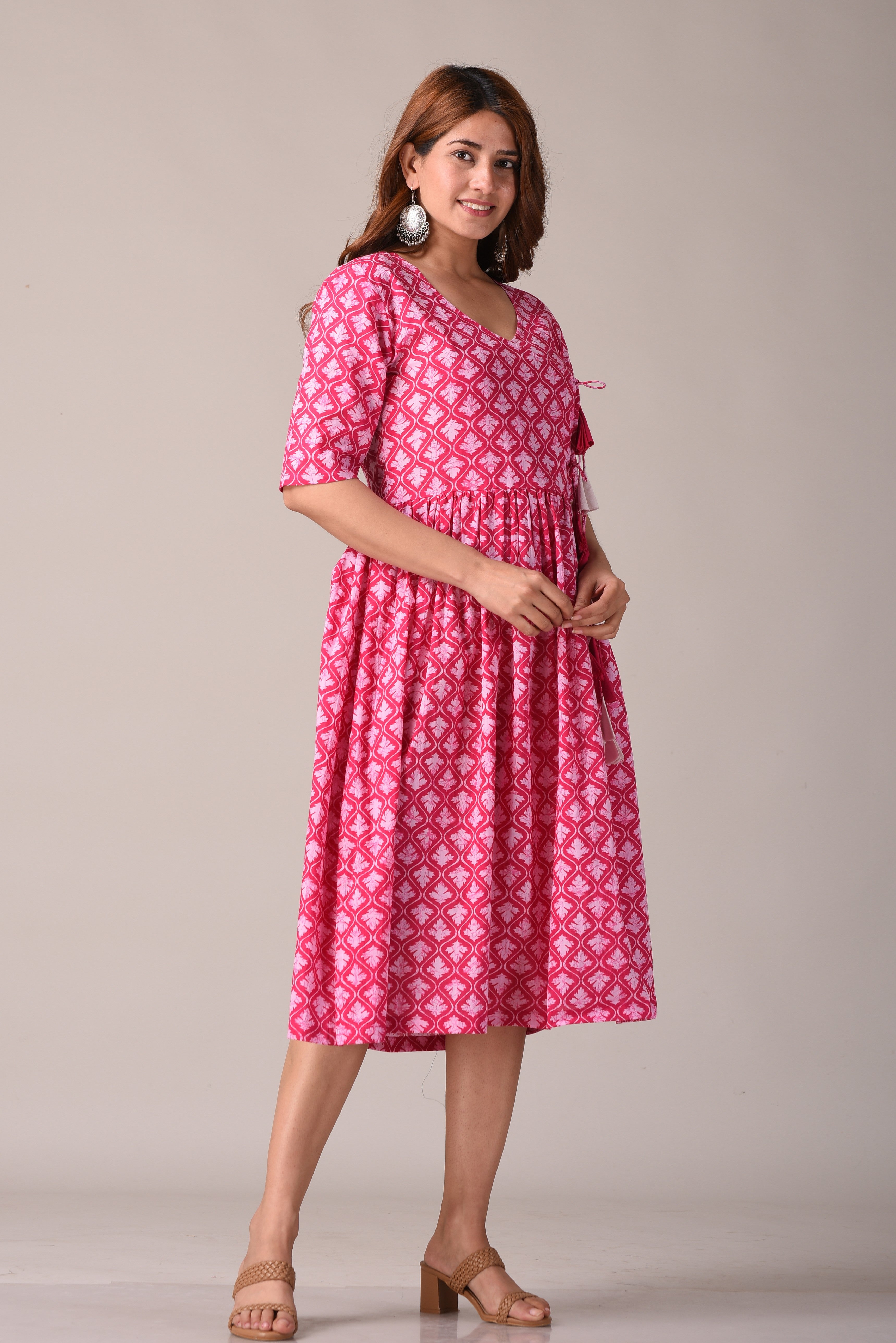 Abstract Pink Printed Pure Cotton Midi Dress