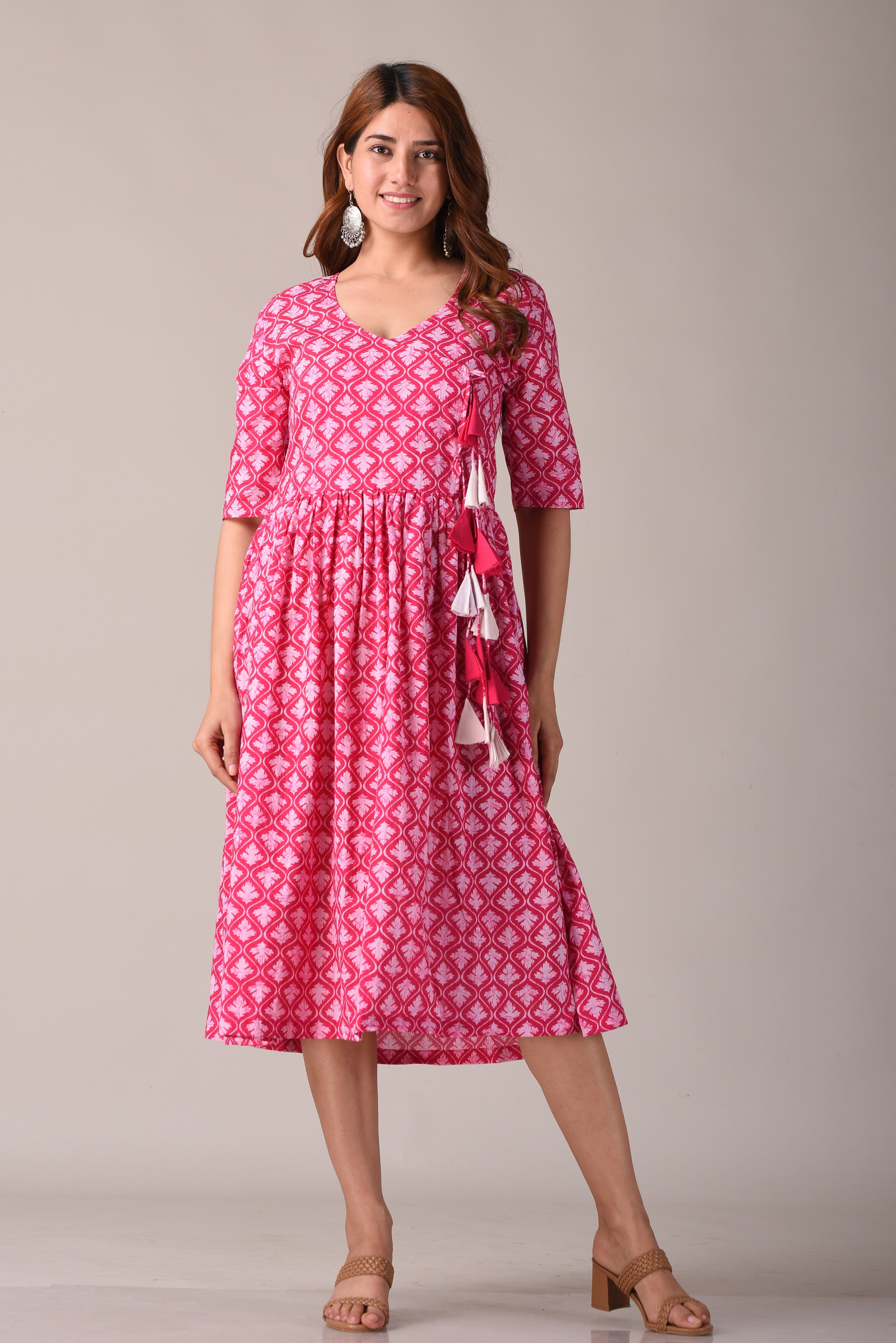 Abstract Pink Printed Pure Cotton Midi Dress