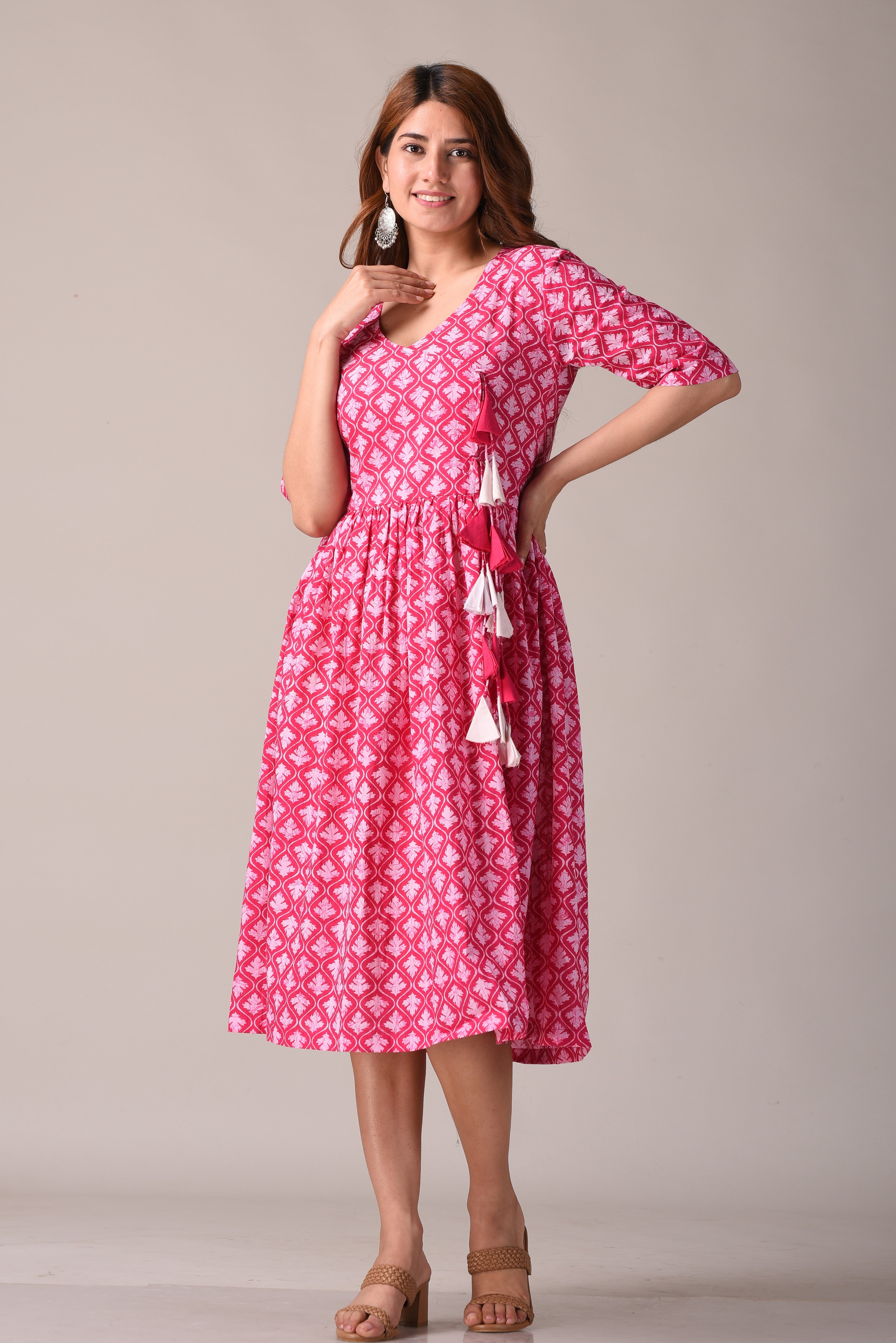 Abstract Pink Printed Pure Cotton Midi Dress