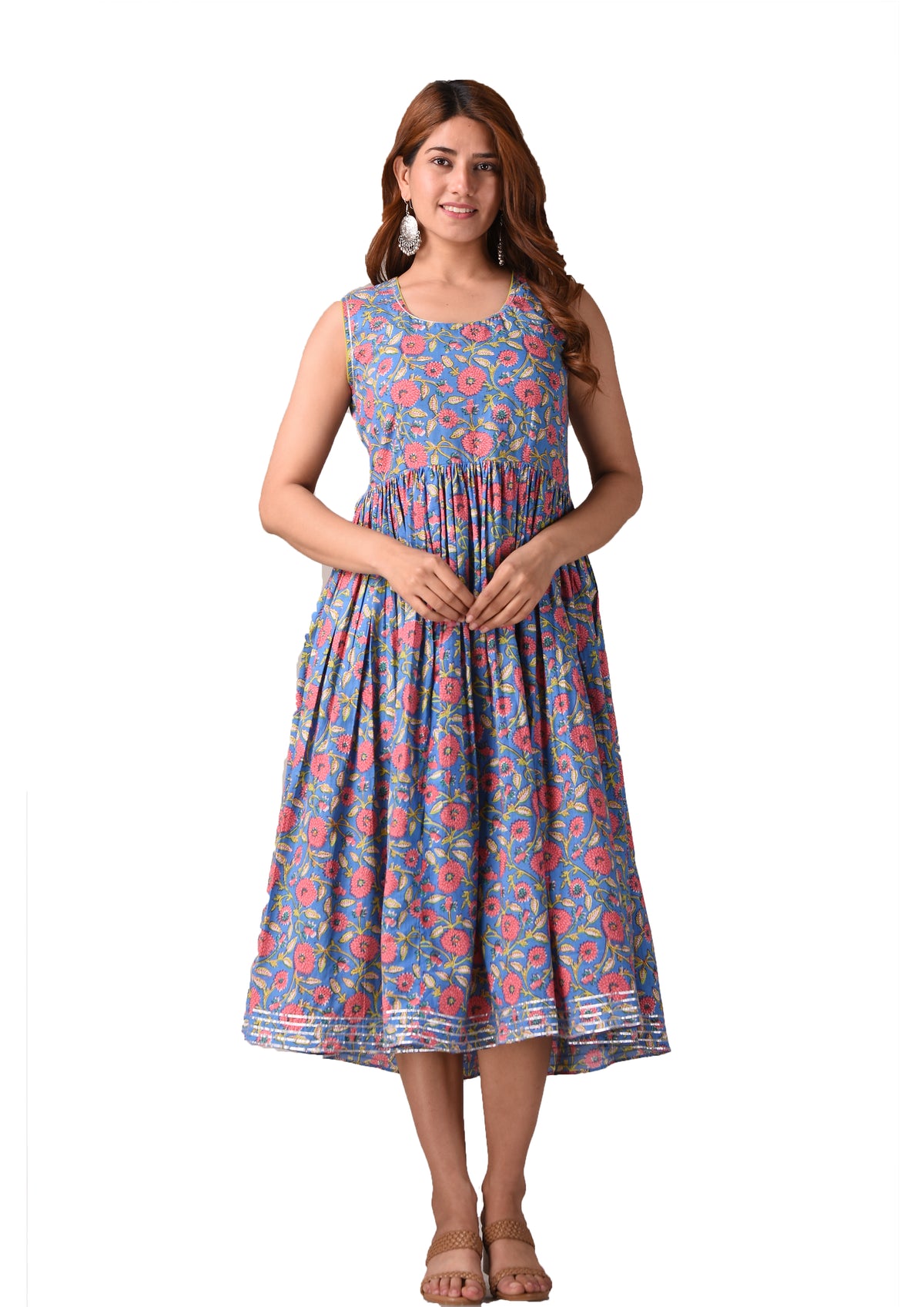 Floral Blue Printed Pure Cotton Midi Dress