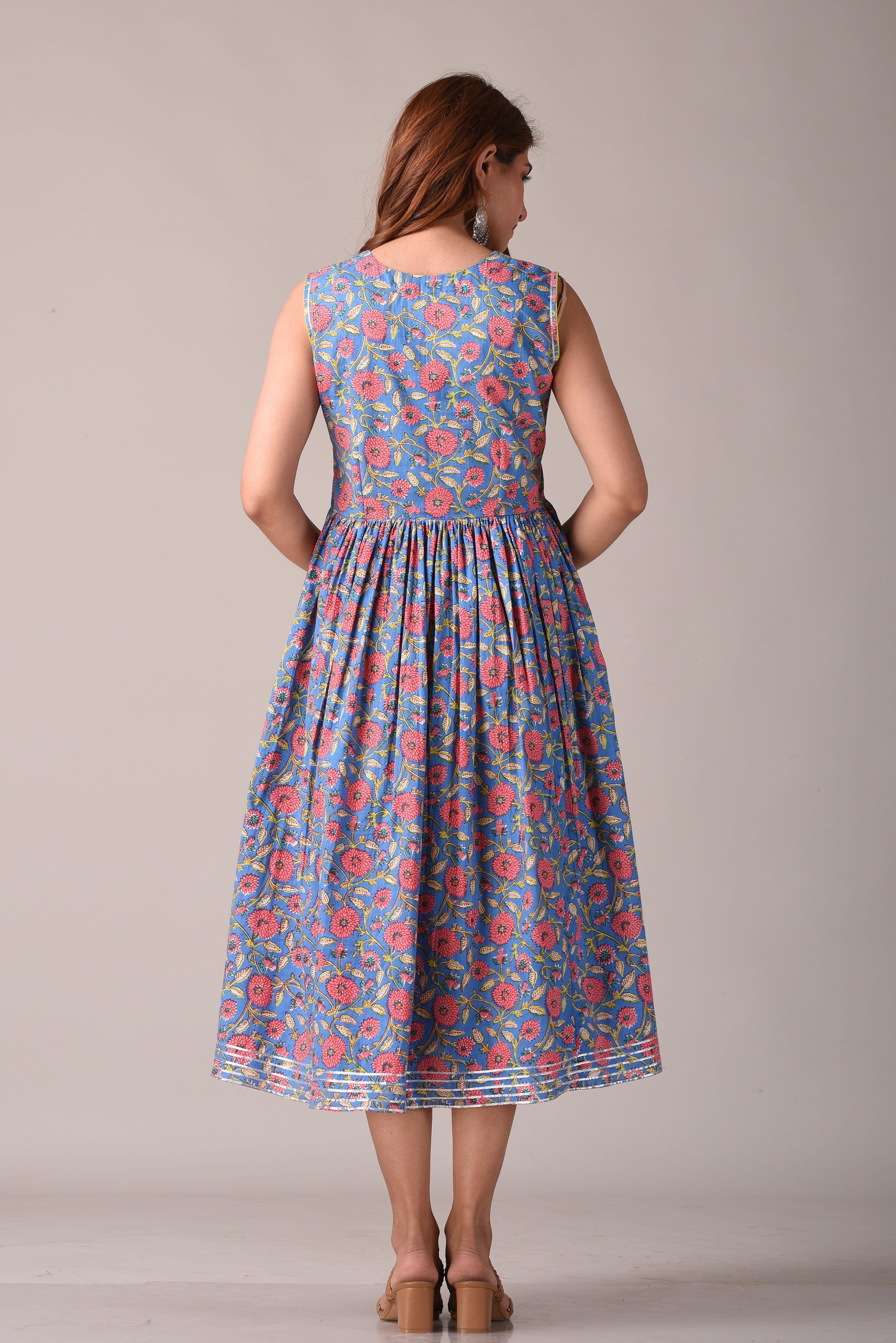 Floral Blue Printed Pure Cotton Midi Dress