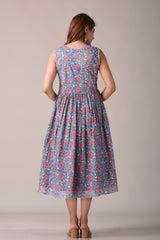 Floral Blue Printed Pure Cotton Midi Dress